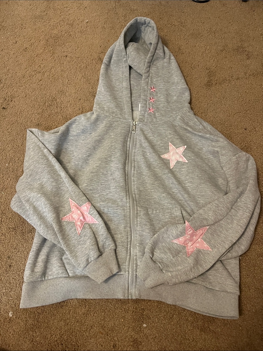 Womens Gray Zip-Up Hoodie with Pink Star Appliqués and embroidery “Jesus saves” - Picture 2 of 4